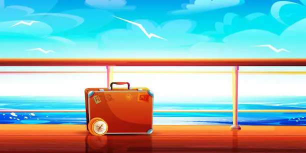 Vector illustration of Summer travel and beach holiday concept in cartoon style. Baggage with a compass on the deck of a sea vessel against the backdrop of a sunny bright seascape.