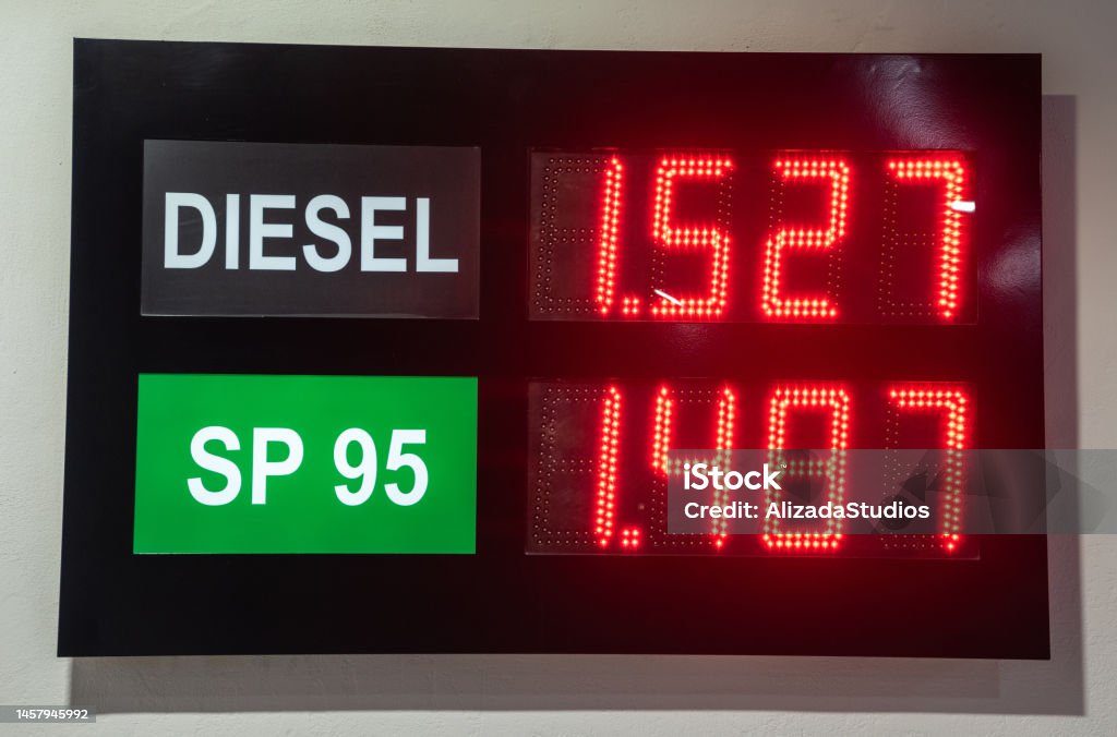 Gas pump in Spain showing prices per liter for diesel and SP 95. Gas pump in Spain showing prices per liter for diesel and SP 95. Taken in Alicante, Spain in January 2023. Black Color Stock Photo