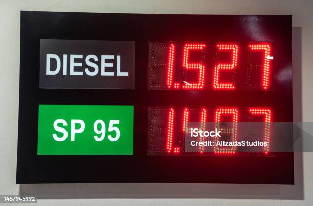 Gas Pump In Spain Showing Prices Per Liter For Diesel And Sp 95 Stock Photo - Download Image Now