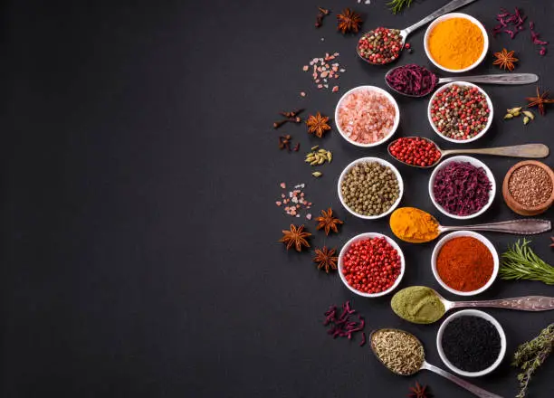 Photo of Composition consisting of variations of spices in white bowls and metal spoons