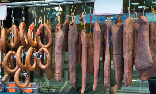 Turkish bacon and spicy sausage shop in the grocery market. Grand Bazaar Istanbul