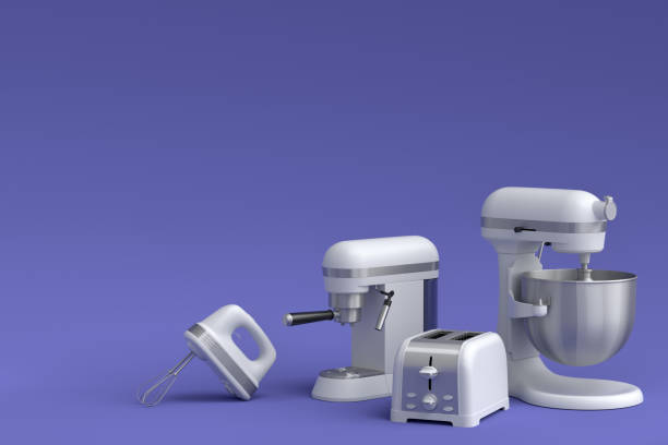 istock Espresso coffee machine, hand mixer, kettle and toaster on violet background. 1457950846