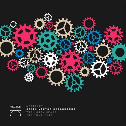 Group of abstract colorful gears on black background and copy space for text - vector illustration