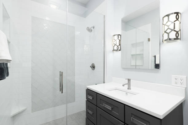 istock A bathroom with a tiled walk-in shower. 1457954793