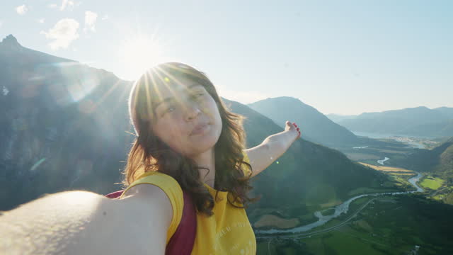 Selfie of woman hiking in Norwegian mountains