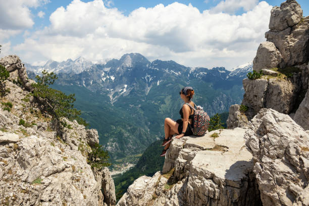 Hiking at incredible and extreme Albanian Alps Hiking at incredible and extreme Albanian Alps albania stock pictures, royalty-free photos & images