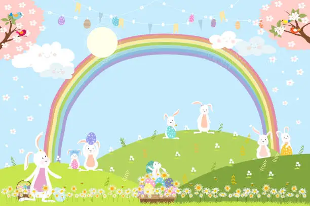 Vector illustration of Easter background,Spring field with rainbow,bunny hunting Easter eggs,Vector Cute cartoon rabbits playing in green grass field. Spring or Summer time banner with copy space for easter greeting card