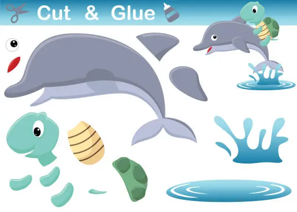 Vector illustration of Turtle ride on dolphin in water. Education paper game for children. Cutout and gluing. Vector cartoon illustration