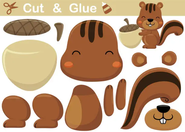Vector illustration of Cute squirrel with big nut. Education paper game for children. Cutout and gluing. Vector cartoon illustration