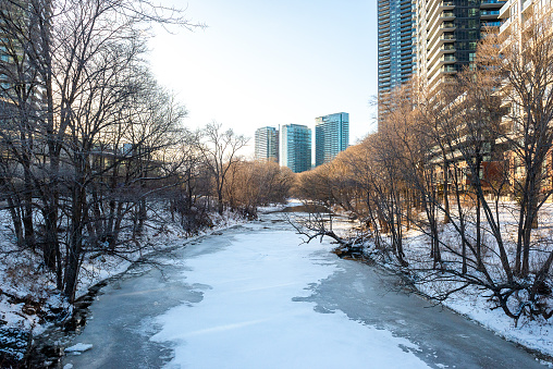 View at the Etobicoke creek in winter, near Toronto, Canada