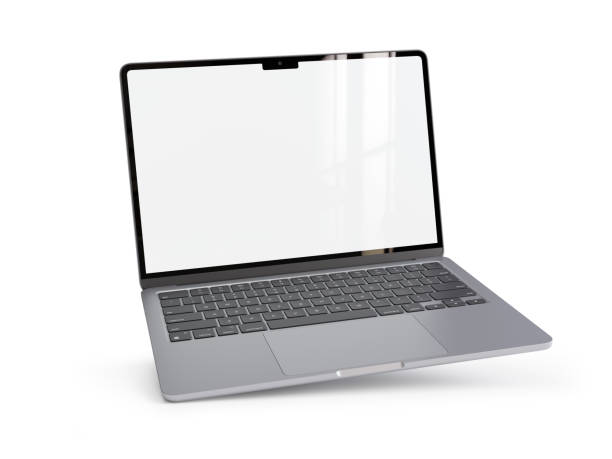 白い背景にノートパソコンと2つのクリッピングパスが含まれています。リアルな3Dレンダリング。
