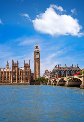 London Big Ben tower and Westminster bridge over Thames river England UK Great Britain, United Kingdom