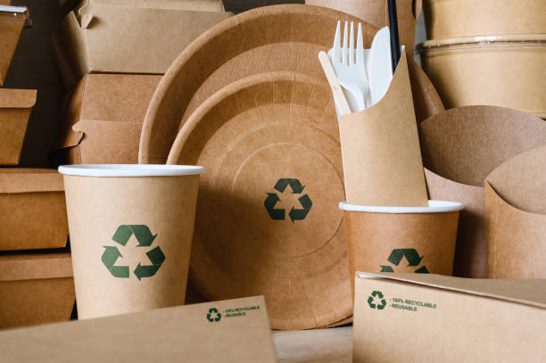 istock Eco-friendly disposable tableware made of biodegradable paper with a recycling sign. Close-up, selective focus on a plate with a sign. 1457963760