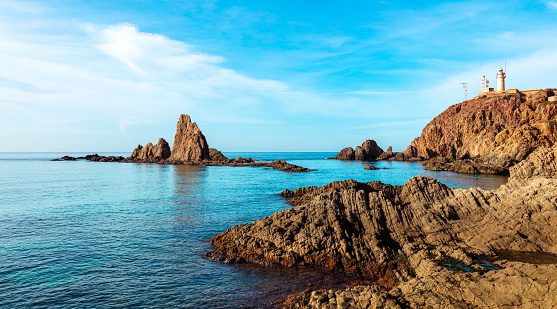 Costline of Cabo de Gata, Nijar, national park in Spain, mediterreanean sea with rock formation,  costa tropical- Gata cape