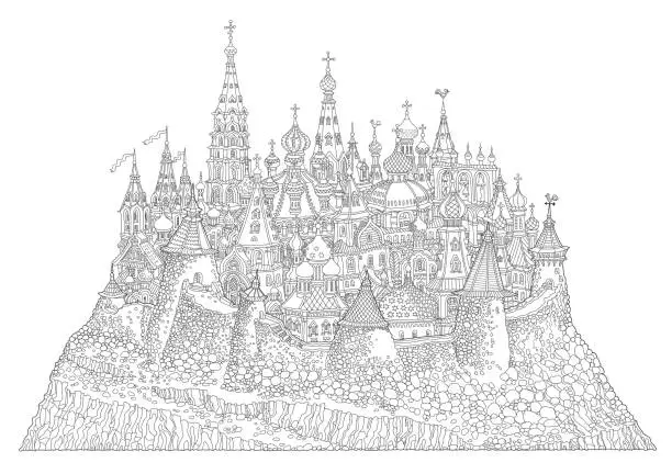 Vector illustration of Vector cartoon fairy tale medieval Russian island castle town. Adults and children coloring book page