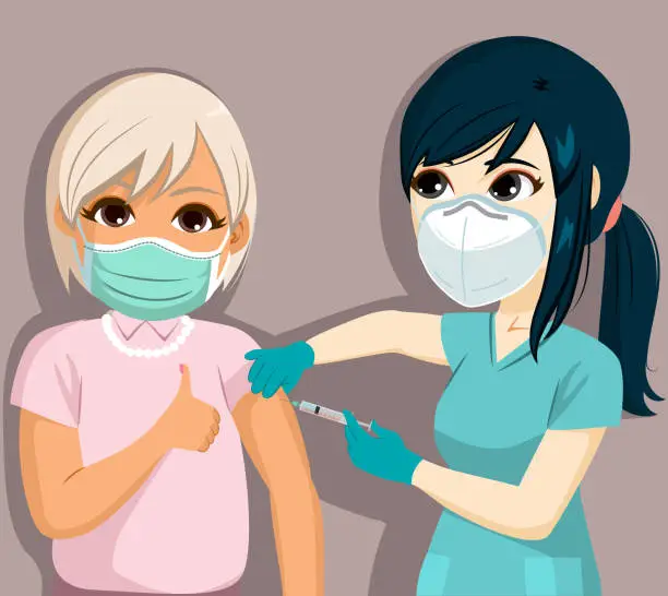 Vector illustration of Asian Nurse Vaccinating Elder Woman