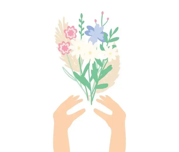 Vector illustration of Spring flower frame. Wildflowers bouquet. Happy womans day. Happy Mothers day. 8 march. Hand drawn vector illustration