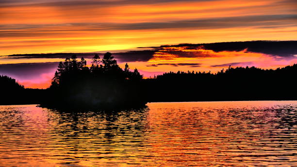 coucher de soleil orange et rose vif sur la rivière saguenay avec la silhouette d'une petite île recouverte de sapins - noble fir photos et images de collection