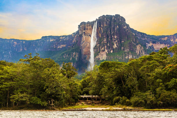 Scenic view of world's highest waterfall Angel Fall in Venezuela stock photo
