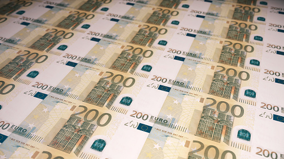 3d render 200 Euro money Front coming out of the printing press (depth Of Field)