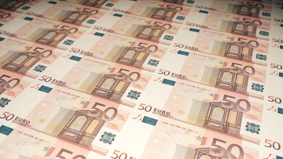 3d render 50 Euro money Front coming out of the printing press (depth Of Field)