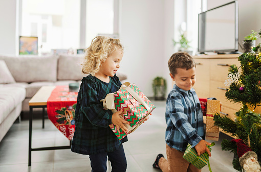 Children playing with the Christmas gifts under the Christmas tree.