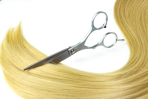 Hairdresser salon equipment concept, premium hairdressing set. Accessories for haircut with copy space Metal scissors on blond hair on white background. Top view of strand of brown hair with scissors