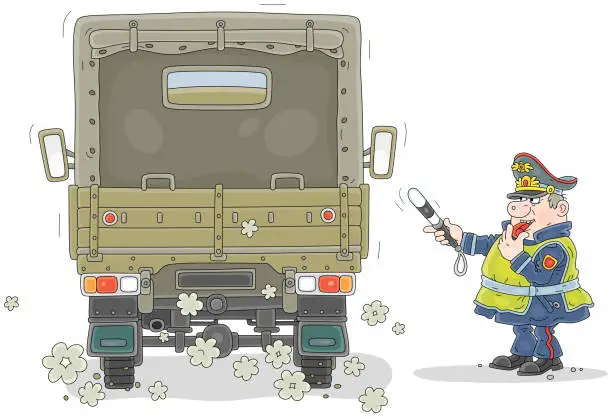 Vector illustration of Funny traffic policeman stopping a truck on a road
