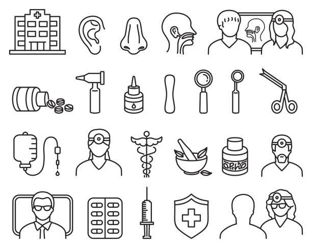 ilustraciones, imágenes clip art, dibujos animados e iconos de stock de otorrinolaringología. conjunto de iconos de línea. iconos médicos. - examen de garganta