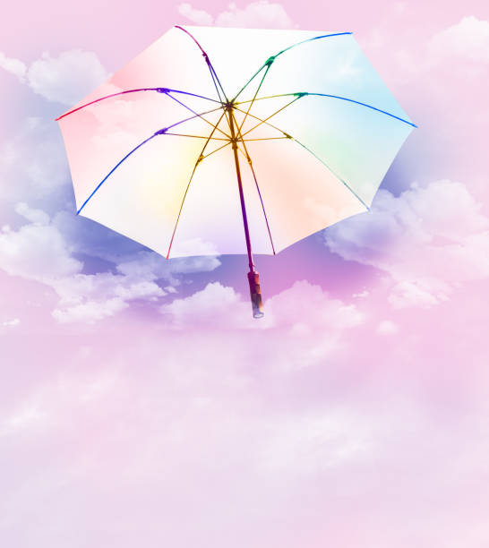 A rainbow umbrella flying over the colorful cloudy sky.