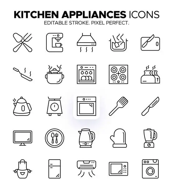 Vector illustration of Kitchen Essentials Icons - Cooking, Baking, Kitchen Equipment and more Symbols