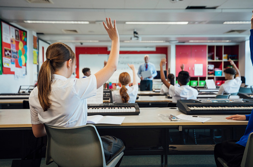 A wide-view shot of teenage music students in a classroom learning how to play the keyboard with their teacher at a school. The students are wearing school uniforms and the teacher is smartly dressed.