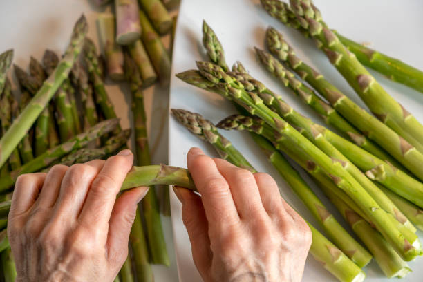 istock Female hands breaks fresh green asparagus 1457977109