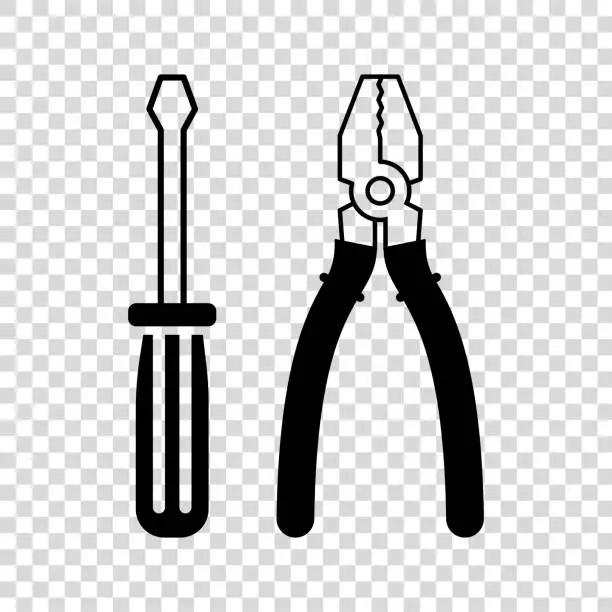 Vector illustration of Pliers and screwdriver icon on transparent background.