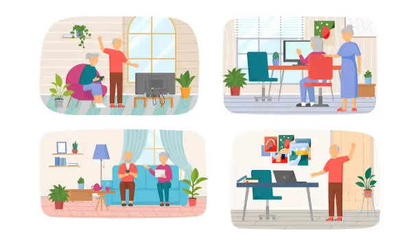 Vector illustration of Set of illustrations about elderly people deal with modern gadgets. Seniors mastering technologies