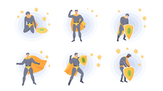 Set of illustrations about superhero as symbol of fight against viruses and bacteria. Male character fights against diseases. Power of imunity creative vector. Male hero in costume protects health