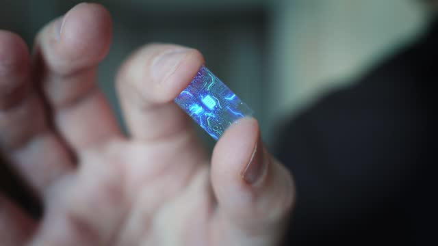 Close Up Macro Zoom Shot a Man Holds a Computer Processor With Holographic Luminous Chip Elements.