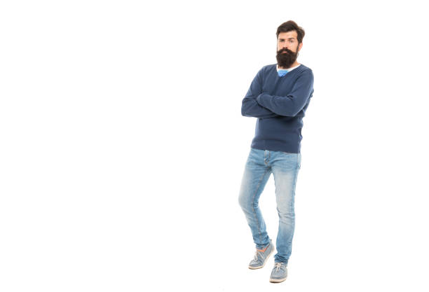 full length of brutal hipster with beard isolated on white background with copy space, beard.