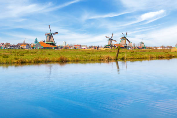 Zaanse Schans, Netherlands panoramic view of windmills and houses in traditional village in Holland, reflection in lake, blue sky, copy space