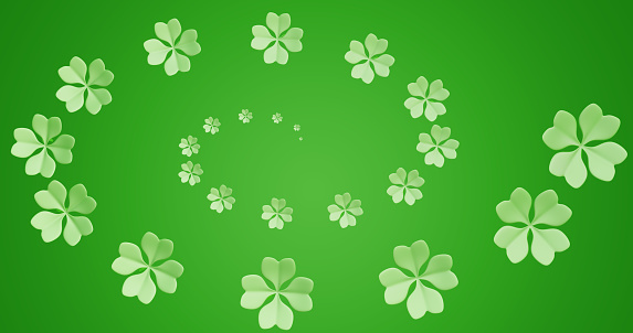 Patrick day. A spiral of four-leaf clover on a green background.3d rendering