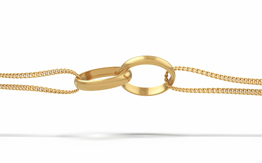 3d Render Gold Wedding Rings attached to chain, For Engagement, Wedding, Love and Valentine's Day Concepts (İsolated on white & Clipping path)