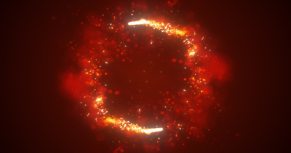 Abstract orange fiery lines and cyclic circles with energy magic sparks from particles, abstract background.