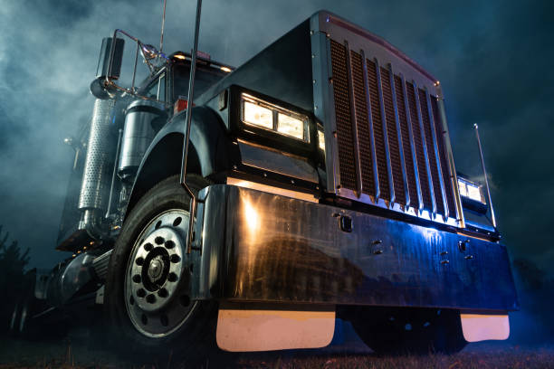 istock Retro Semi Truck Tractor Night Time Illumination 1458001540