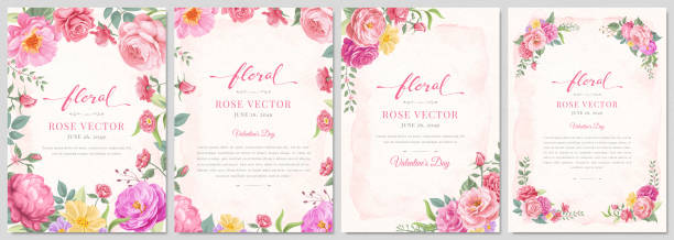 kollektionsset schöne rosenblume und botanisches blatt digital gemalte illustration - pastellblumen stock-grafiken, -clipart, -cartoons und -symbole