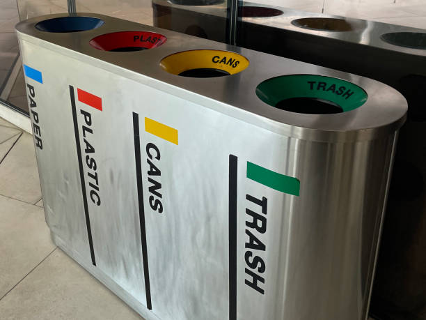 istock Close-up image of stainless steel, recycling waste bin with separate sections for different waste, paper, plastic, cans and trash compartments, focus on foreground 1458006219