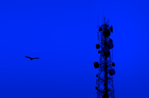 Close up satellite dishes and Cellular communication antennas at night