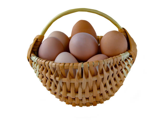 istock Chicken eggs in a basket with willow vines isolated on white background 1458009109