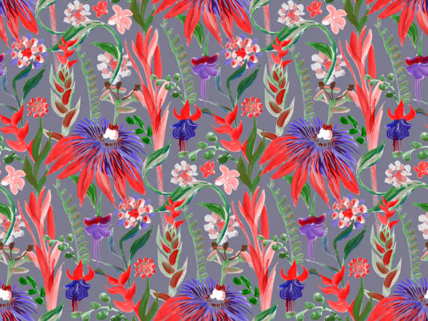 istock Seamless art pattern with bright tropics in red flowers painted with gouache in dry brush 1458009182