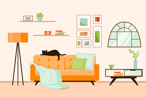 Living room interior. Comfortable sofa, mirror, armchair, coffee table and indoor plants. Vector flat illustration.