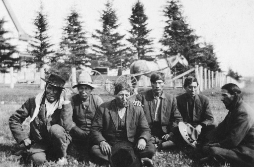 Saddle Lake, Alberta, Canada - 1917. Group of cowboys on Saddle Lake Cree Nation in Alberta, Canada.